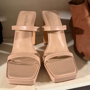 Bella Marie Nude Square-Toe Double-Strap Block Heel Sandals